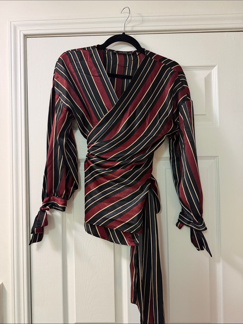 Zara Burgundy and Black Striped Wrap Blouse